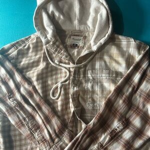 American Eagle Outfitters Cream and Tan Plaid Hooded Shirt